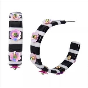 BETSEY JOHNSON BLK/WHT STRIPED FLOWER RHINESTONE JEWELED HOOP EARRINGS